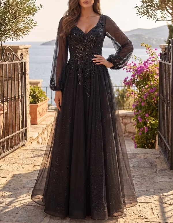 V‑Neck Sparkly Tulle Long Puff Sleeve Sequin Embroidery A‑Line Evening Maxi Gress