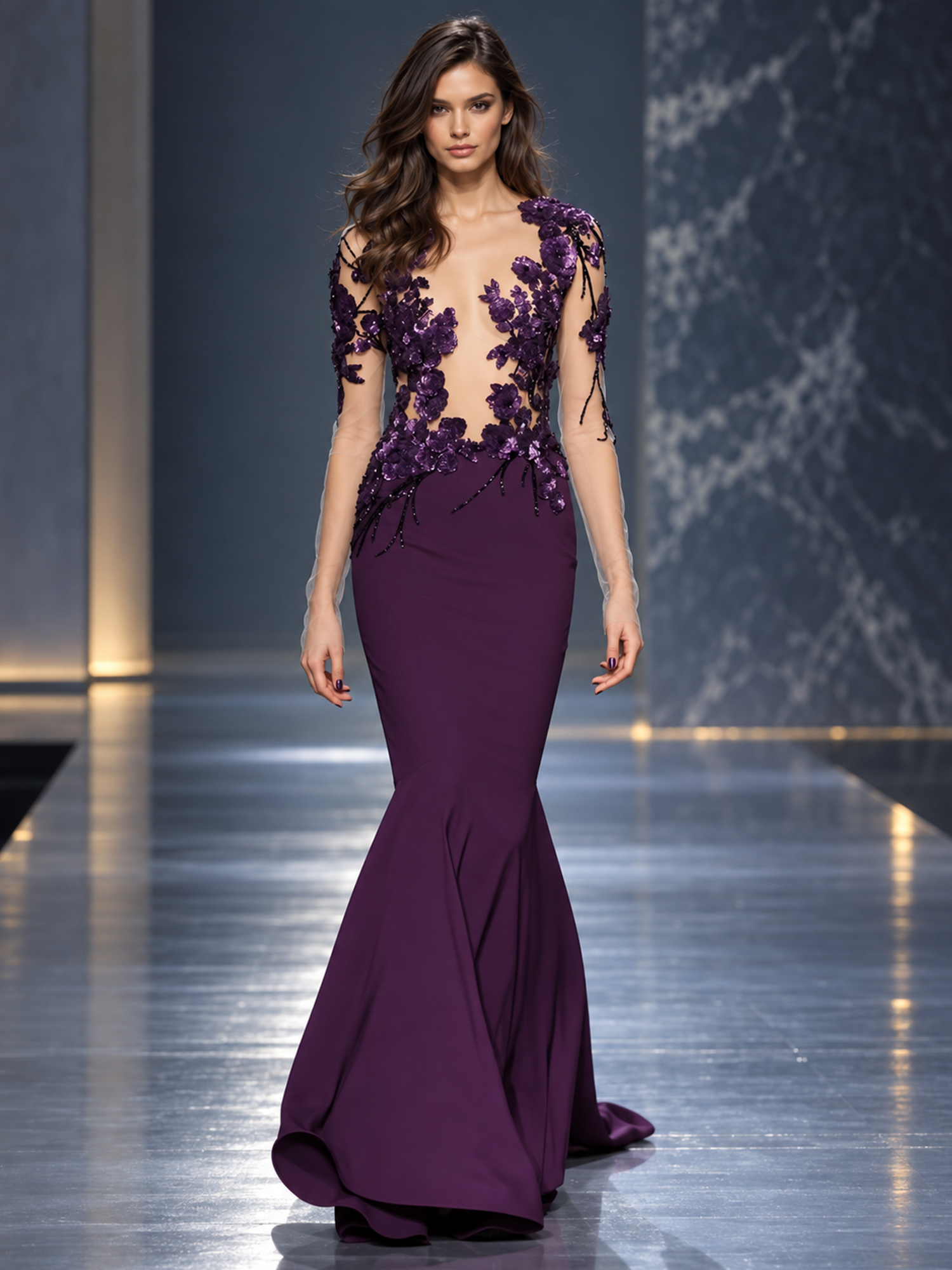 Plum Mesh Floral Embroidered Mermaid Maxi Dress