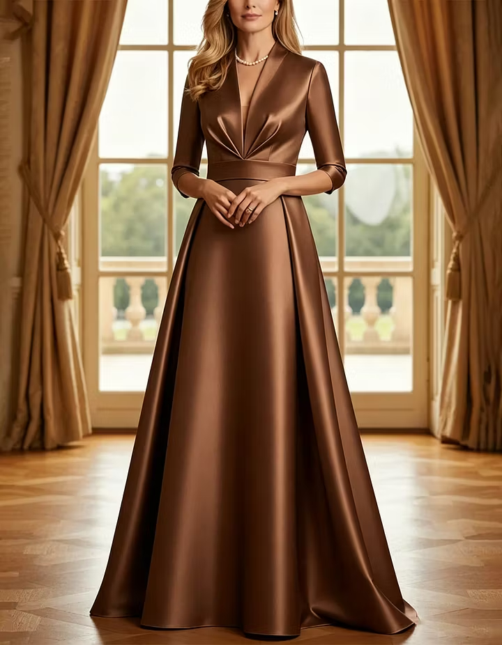 Light Blue Satin Deep V Elbow Sleeve Maxi Dress