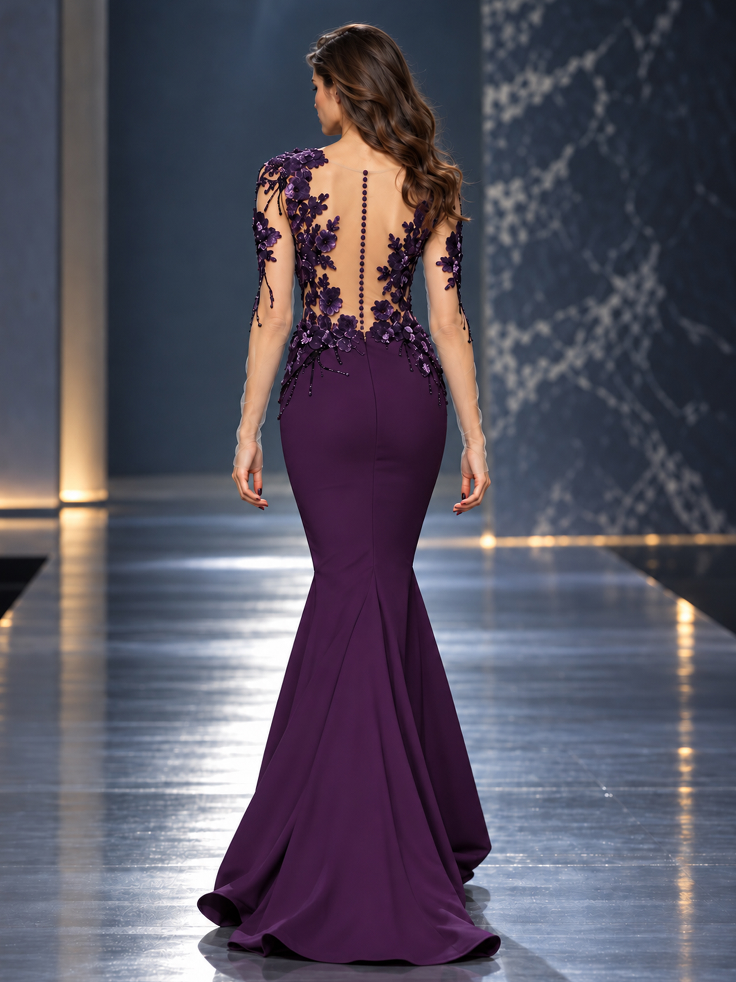 Plum Mesh Floral Embroidered Mermaid Maxi Dress