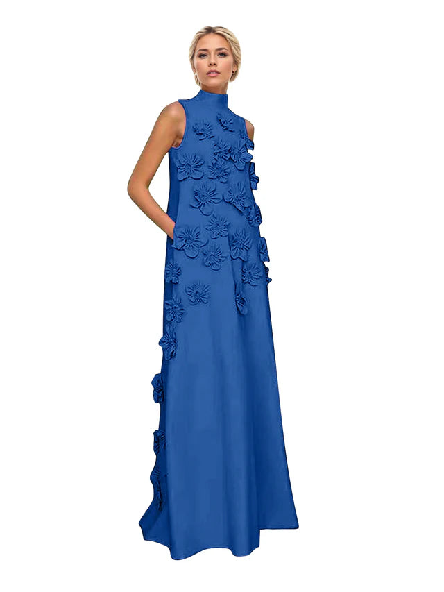 A Line High Neck Sleeveless Floor Length Stretch Crepe Dress With 3D Flowers