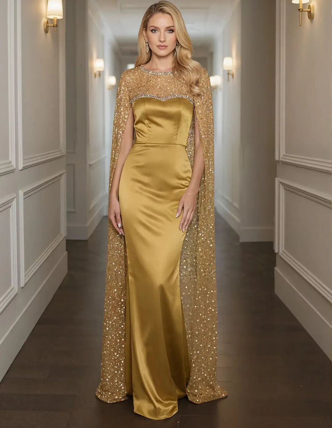 Solid Color Satin With Sequins Maxi Dress
