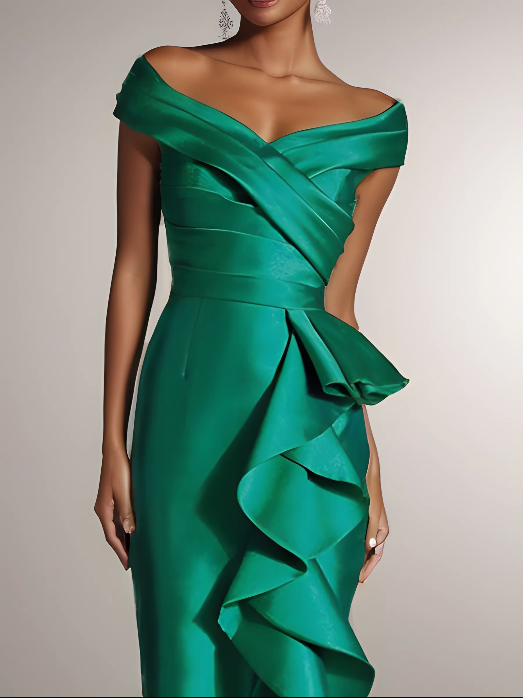 Green Ruffled Satin Off The Shoulder Sheath Maxi Dress