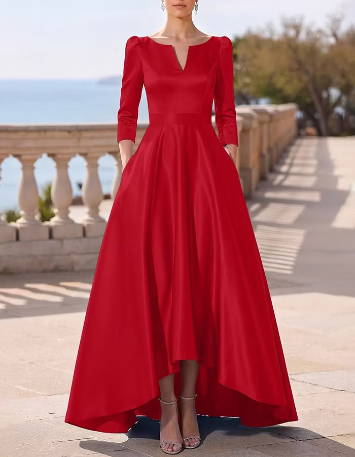 Light Blue Notch V‑Neck Three‑Quarter Sleeve Satin High‑Low A‑Line Maxi Dress