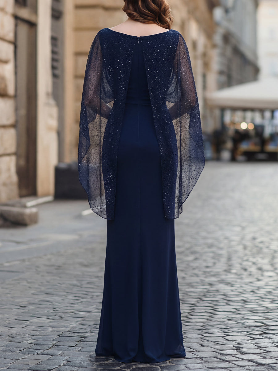 Glitter Mesh Cape Overlay Ruched Column Maxi Dress