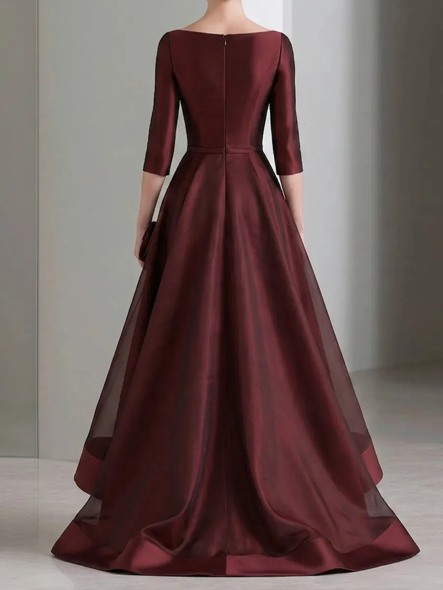 Burgundy Draped Waist Organza High-Low Maxi Dress