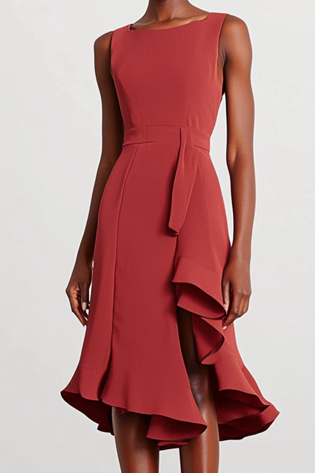 Work Dress Red Asymmetrical Hem Crew Neck Sleeveless Midi Dress