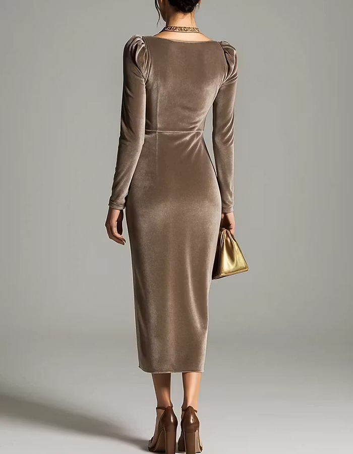 Taupe Cowl Neck Long‑Sleeve Velvet Ruched Midi Dress