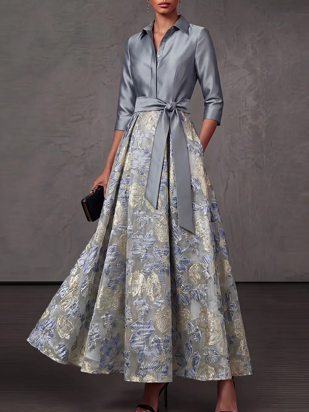 Dusty Blue A-Line Point Collar Embroidered Floral Dresses with Bow