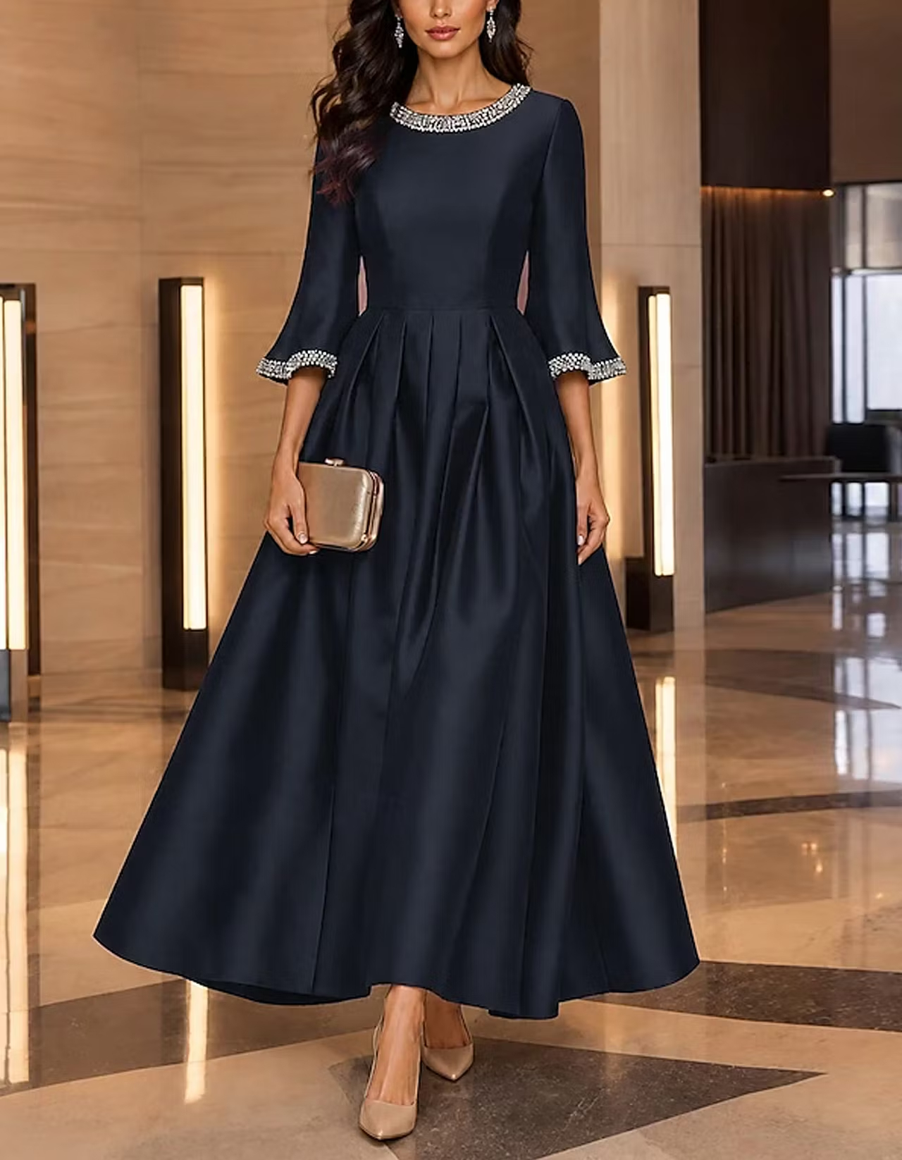 Navy Blue Round Neck 3/4 Flare Sleeve Rhinestone Embellished A-Line Midi Dress