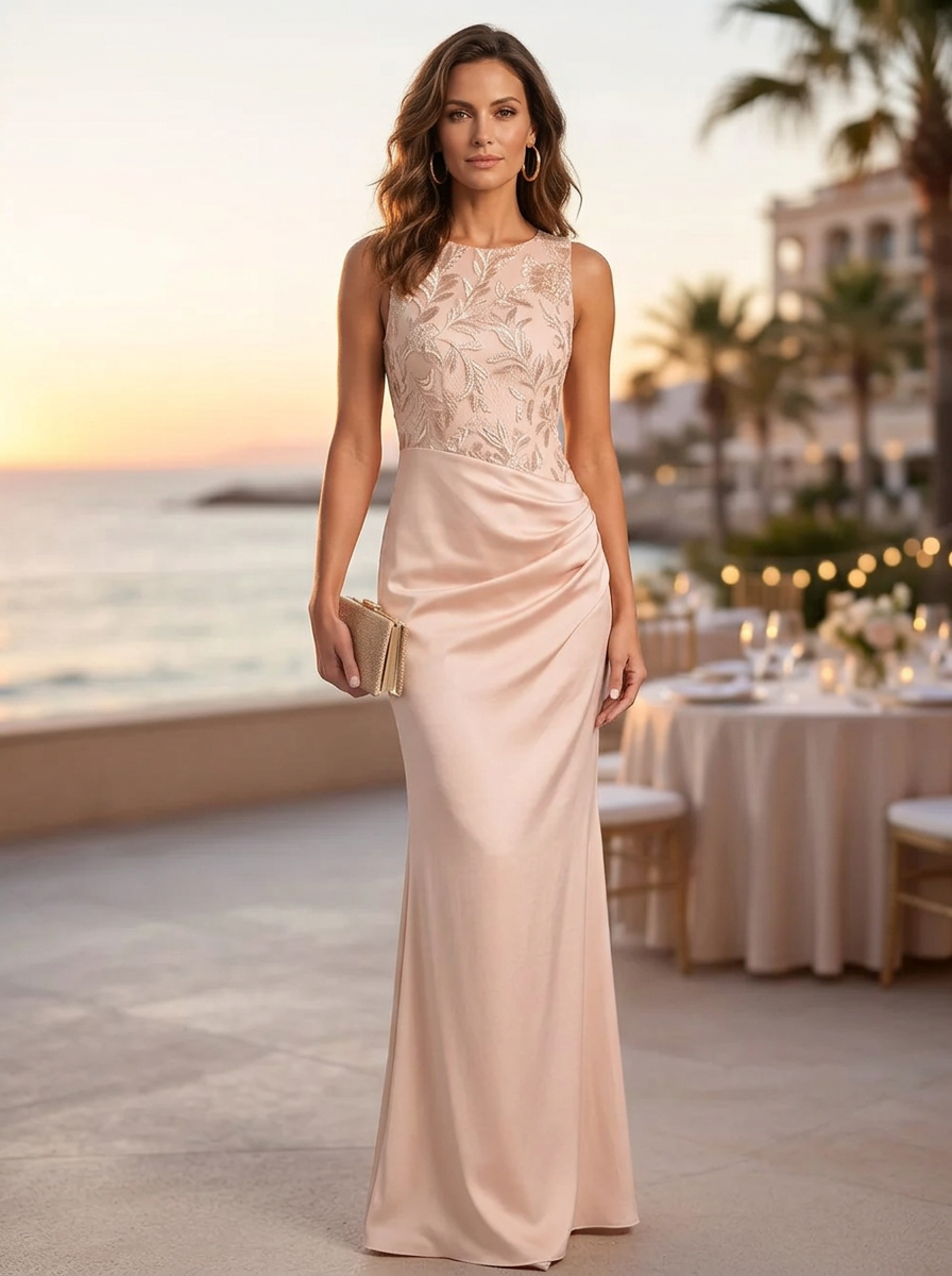 Dusty Pink Round Neck Sleeveless Embroidered Bodice Ruched Waist Sheath Maxi Dress