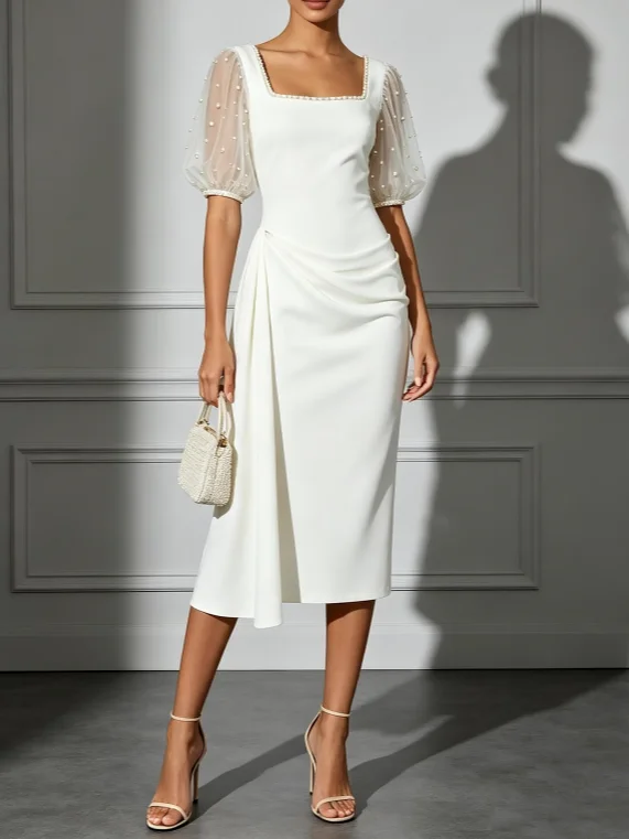 White Square Neck Short Sleeve Balloon Sleeve Midi Dress