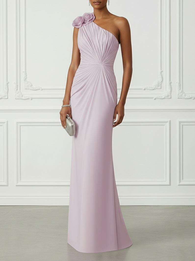 Purple Gathered 3D Floral Knit One Shoulder Sleeveless Sheath Maxi Dress