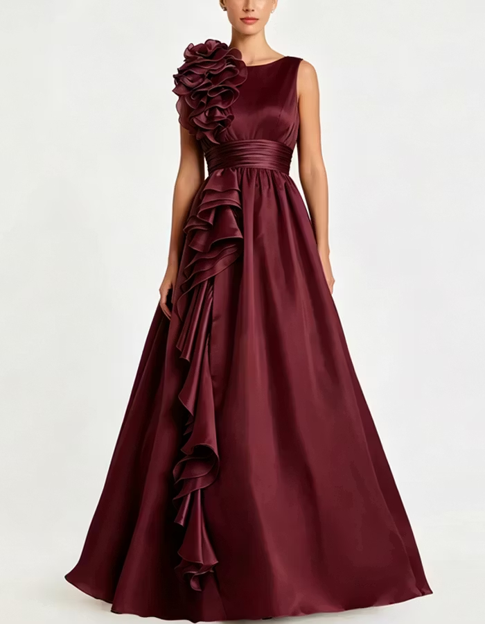 Sage Green 3D Floral Ruffle A‑Line Long Maxi Dress