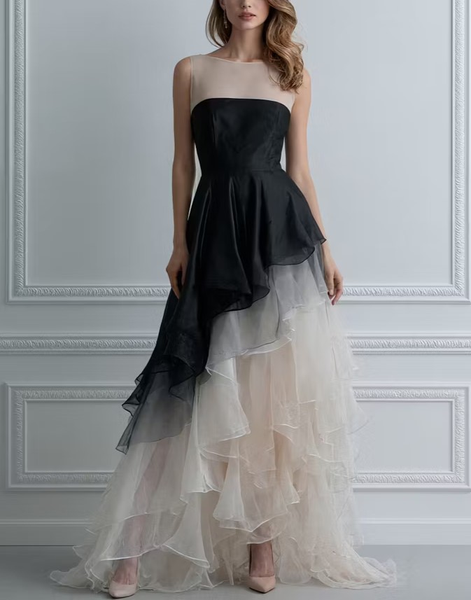 Asymmetrical Layering Of Black And Light Champagne Sleeveless Organza Fabric Maxi Dress