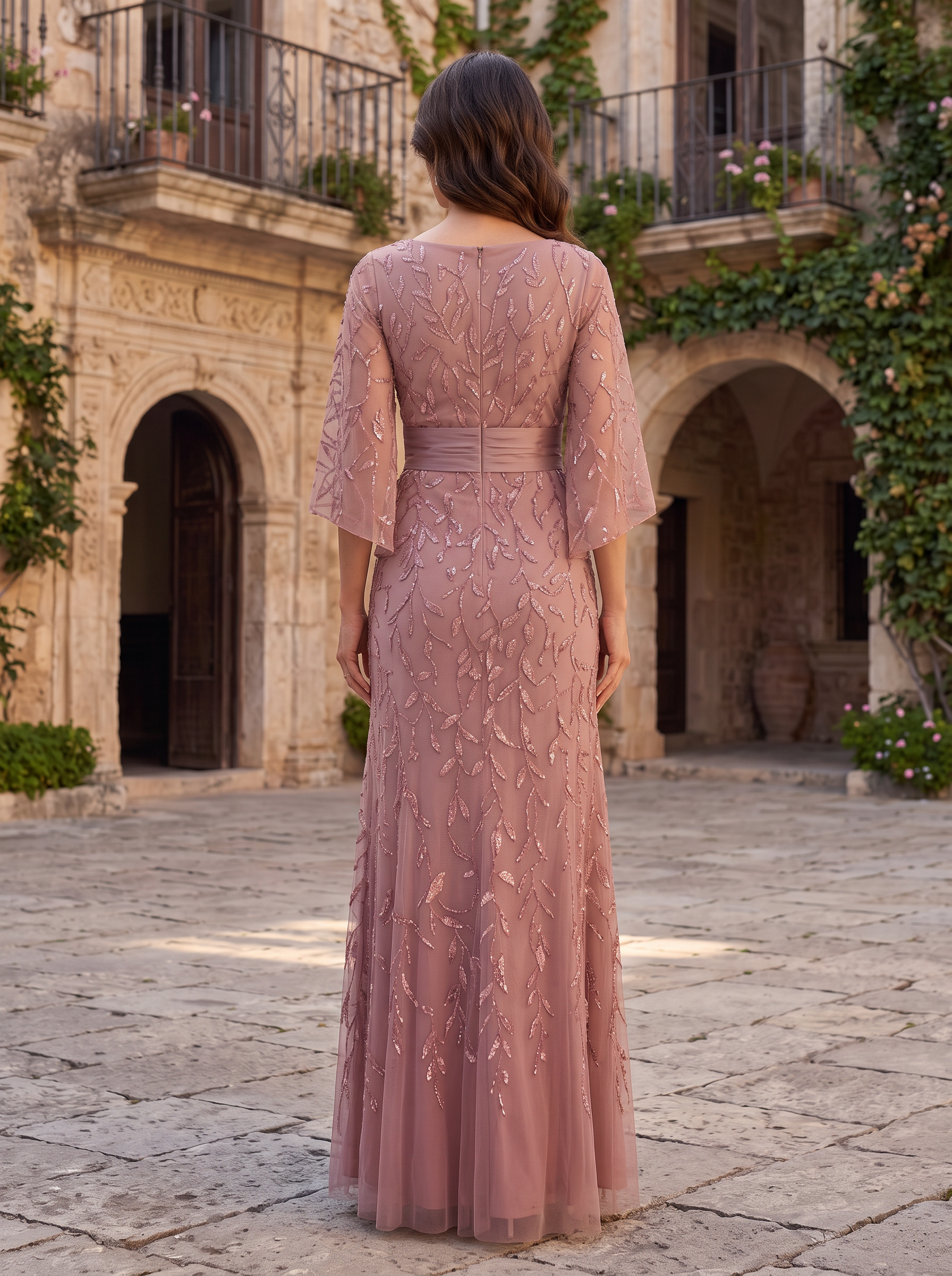 Dusty Rose Round Neck Flare Sleeve Sequin Leaf A-Line Maxi Dress