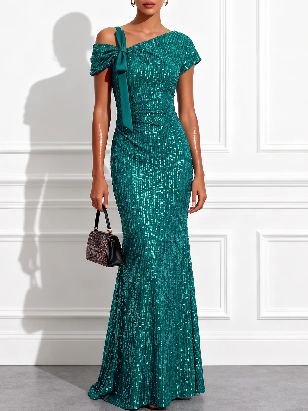 Emerald Green Asymmetrical Off Shoulder Bow Sequin Maxi Mermaid Evening Gown