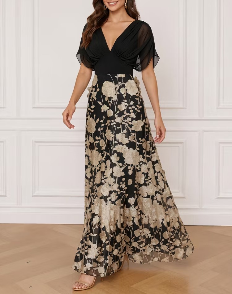 Black And Gold Floral Appliqué V-Neck Chiffon Maxi Dress