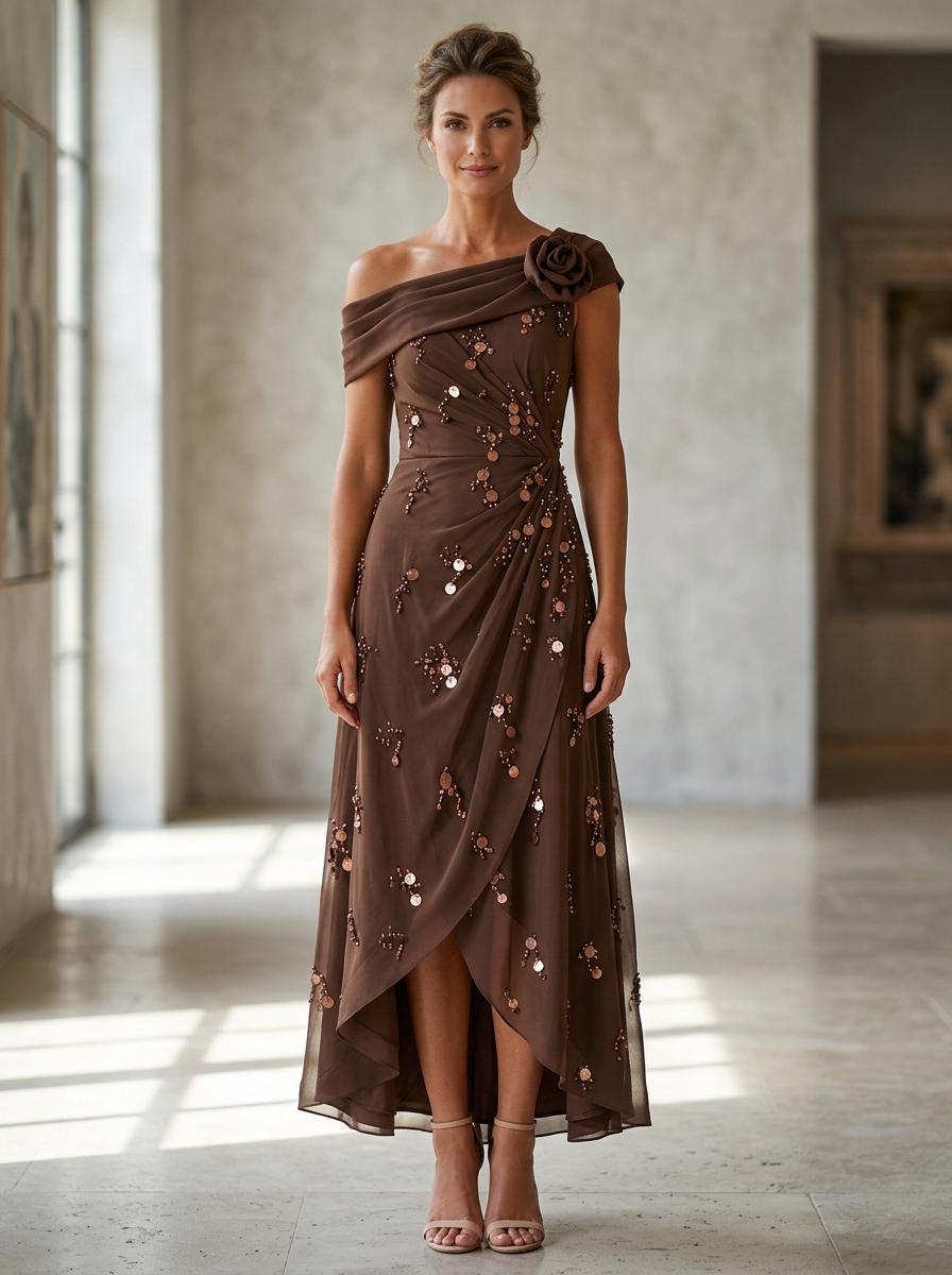 Coffee One-Shoulder Rose Detail Sequin High-Low Maxi Dress