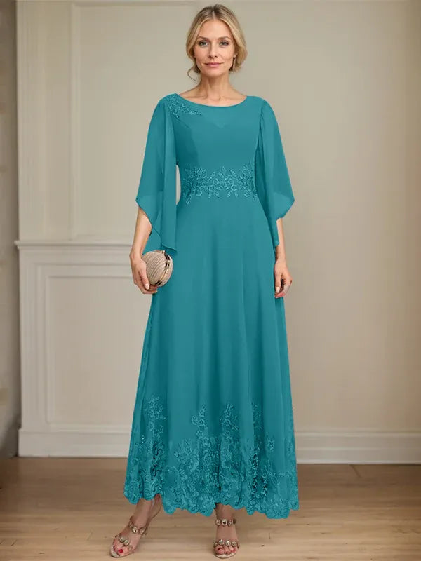 A-line Scoop Illusion Ankle-Length Lace Chiffon Mother of the Bride Dress With Sequins