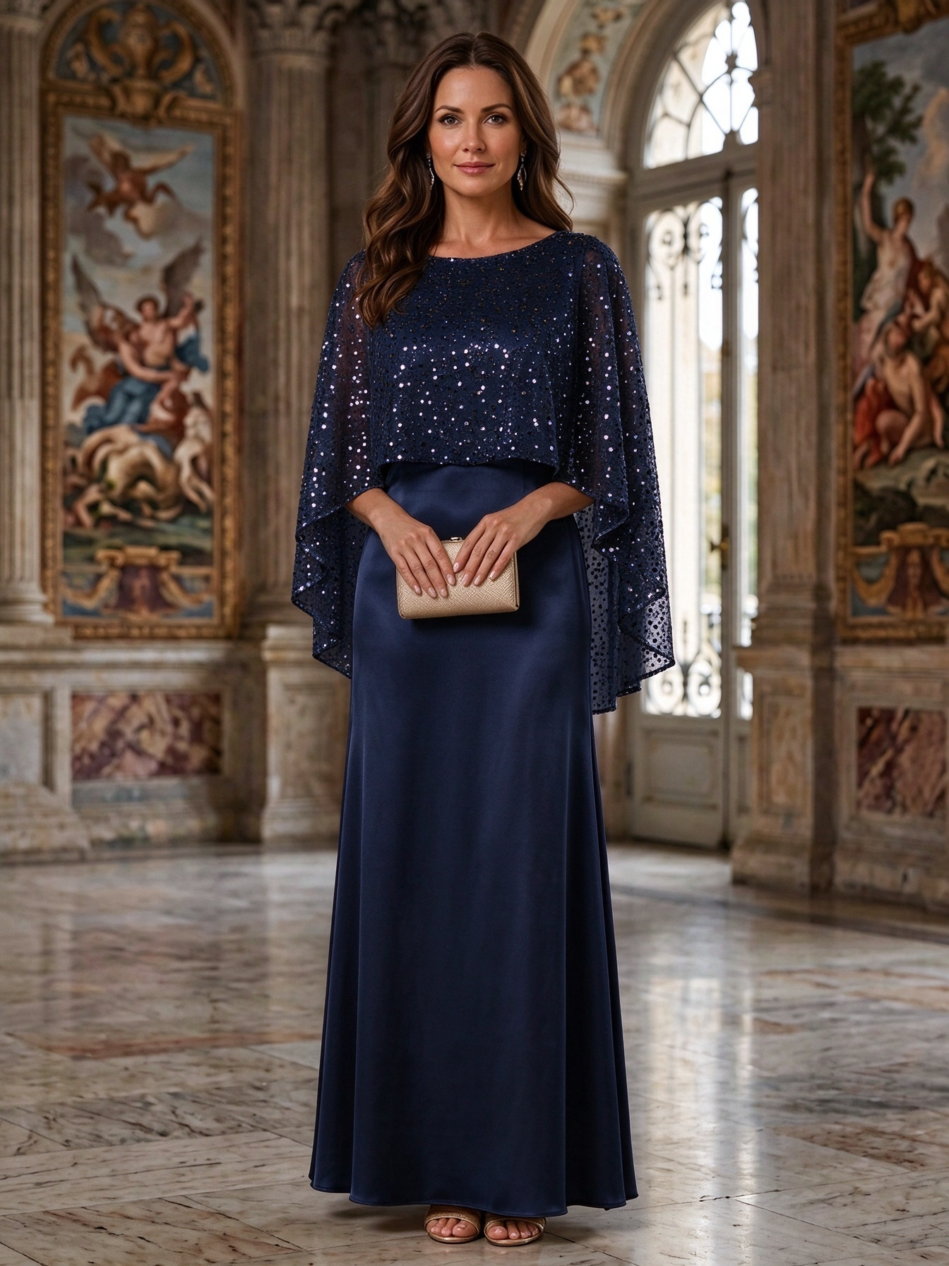 Solid Color Boat Neck Shawl Style Sequined Satin Maxi Dress
