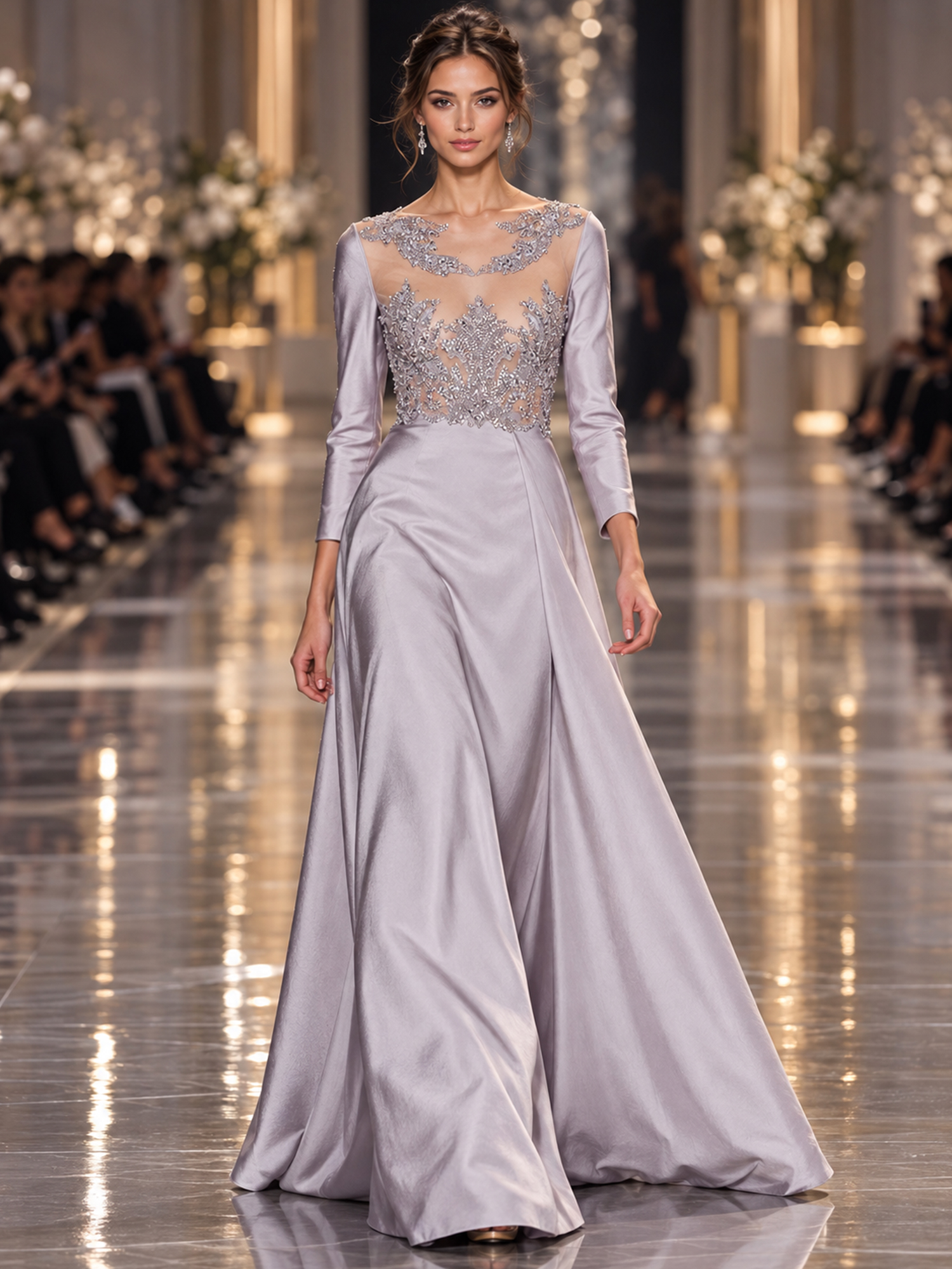 Lavender Long Sleeve Beaded Mesh Mermaid Maxi Dress
