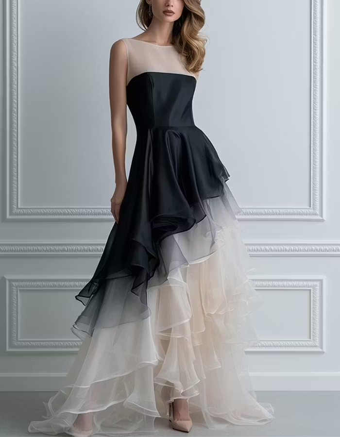 Asymmetrical Layering Of Black And Light Champagne Sleeveless Organza Fabric Maxi Dress
