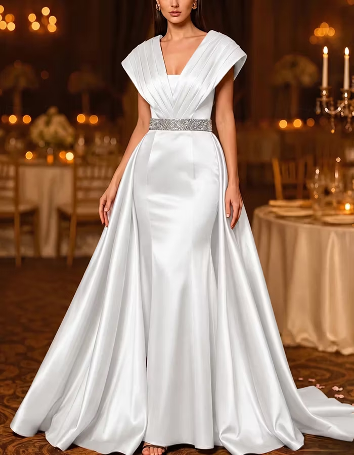 Gold Pleated V‑Neck Cap‑Sleeve Beaded‑Waist Satin Mermaid Maxi Dress