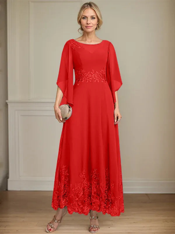 A-line Scoop Illusion Ankle-Length Lace Chiffon Mother of the Bride Dress With Sequins