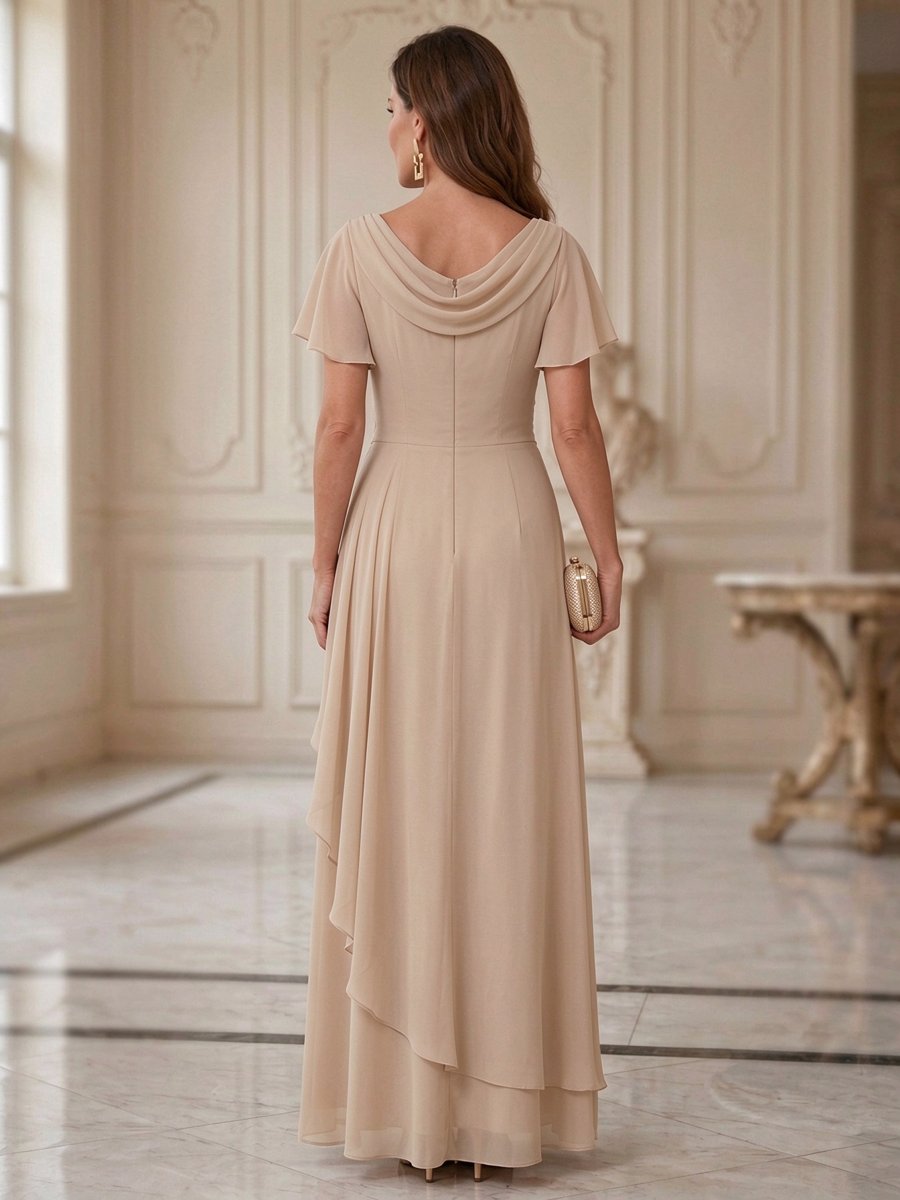 Ivory Chiffon Cowl Neck Short Sleeve Embroidered A-Line Maxi Dress