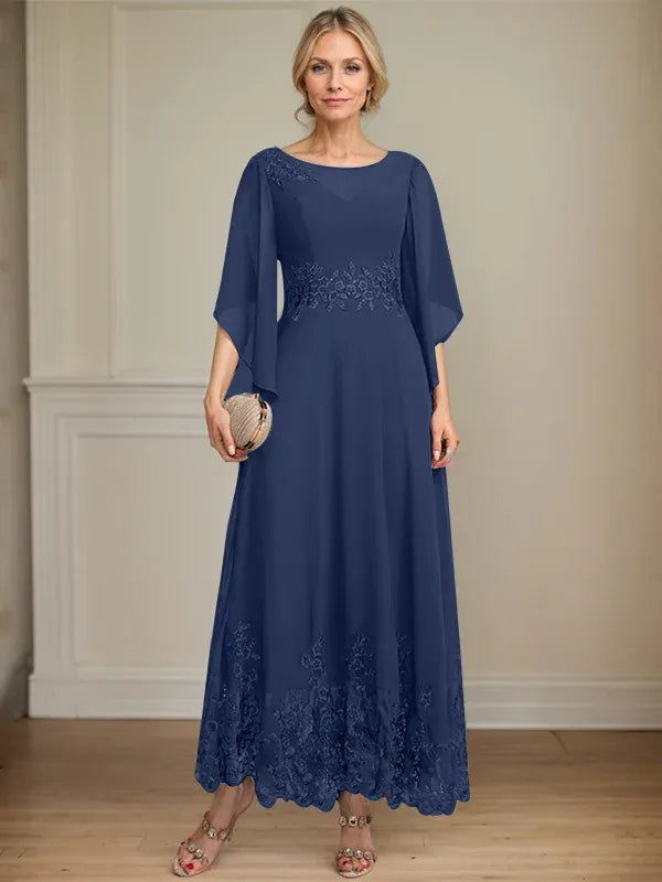 A-line Scoop Illusion Ankle-Length Lace Chiffon Mother of the Bride Dress With Sequins