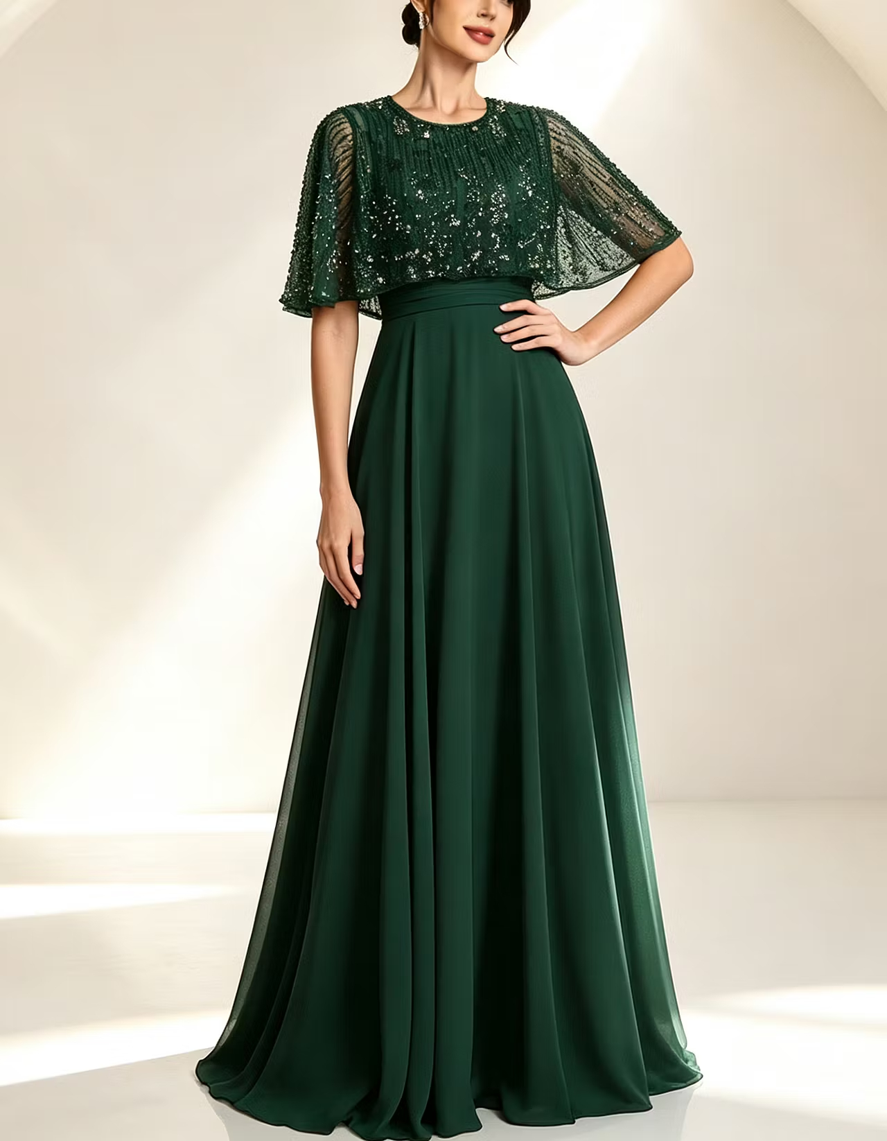 Emerald Green Sequin Beaded Cape Sleeve Round Neck Chiffon A-Line Maxi Dress