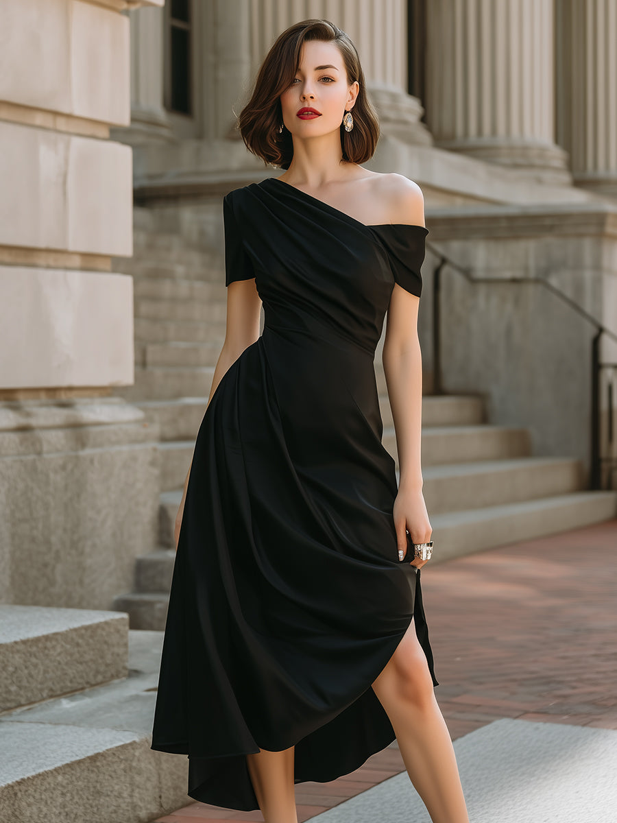 Asymmetric One-Shoulder Draped Midi Dress