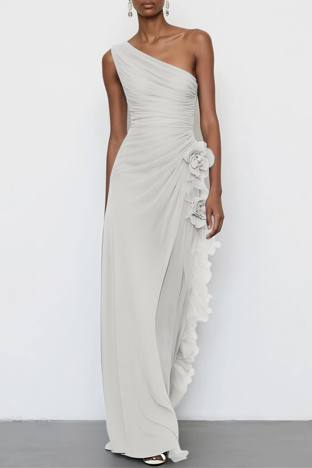 Light Blue 3D Floral Chiffon One Shoulder Sleeveless Sheath Maxi Dress