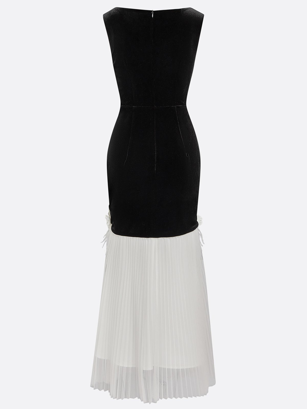 Black Tassel 3D Floral Velvet Boat Neck Sleeveless Mermaid Midi Dress