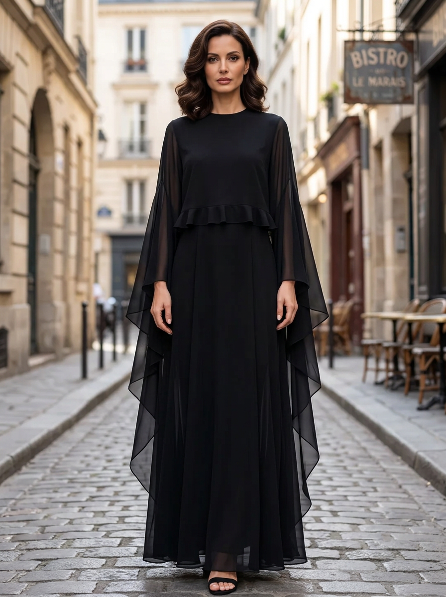 Black Round-Neck Layered-Ruffle Sheer-Sleeve Flowing Maxi Dress