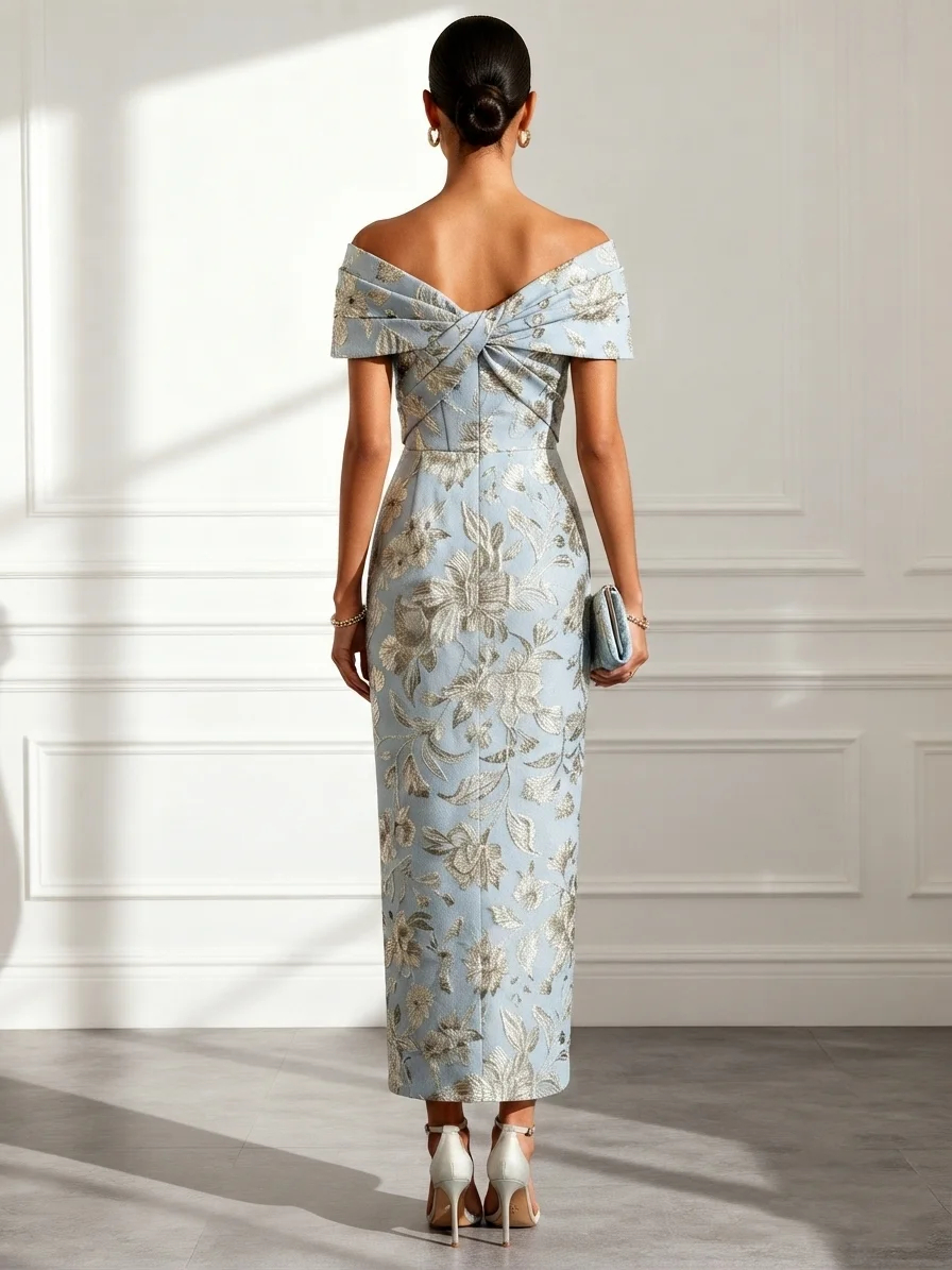 Light Blue Off Shoulder Floral Jacquard Maxi Dress
