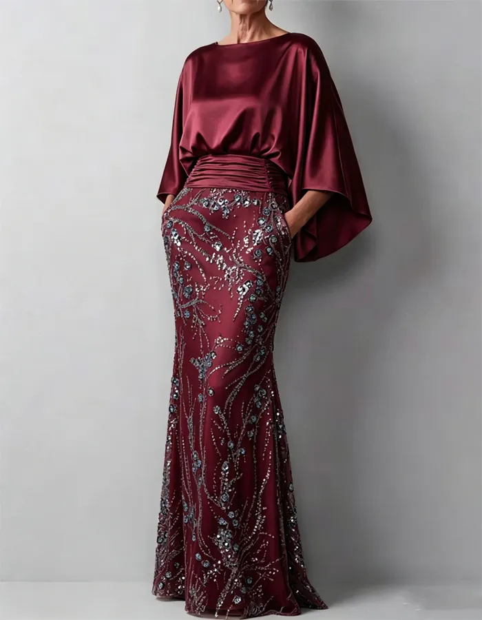 Champagne Cape Sleeve Ruched Sequin Mermaid Dress