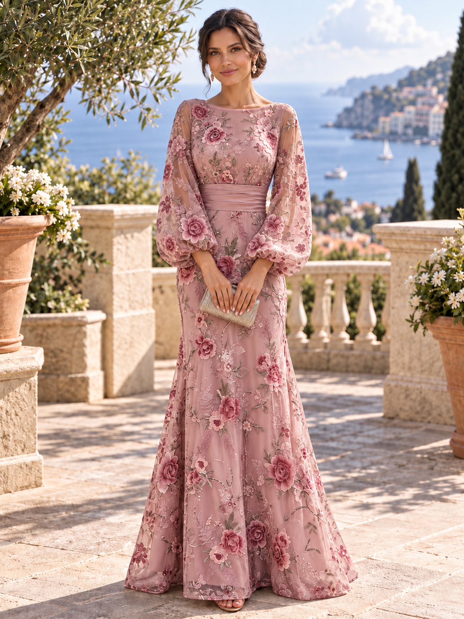 Dusty Pink Boat Neck Long Puff Sleeve 3D Floral Appliqué Mermaid Floor-Length Maxi Dress