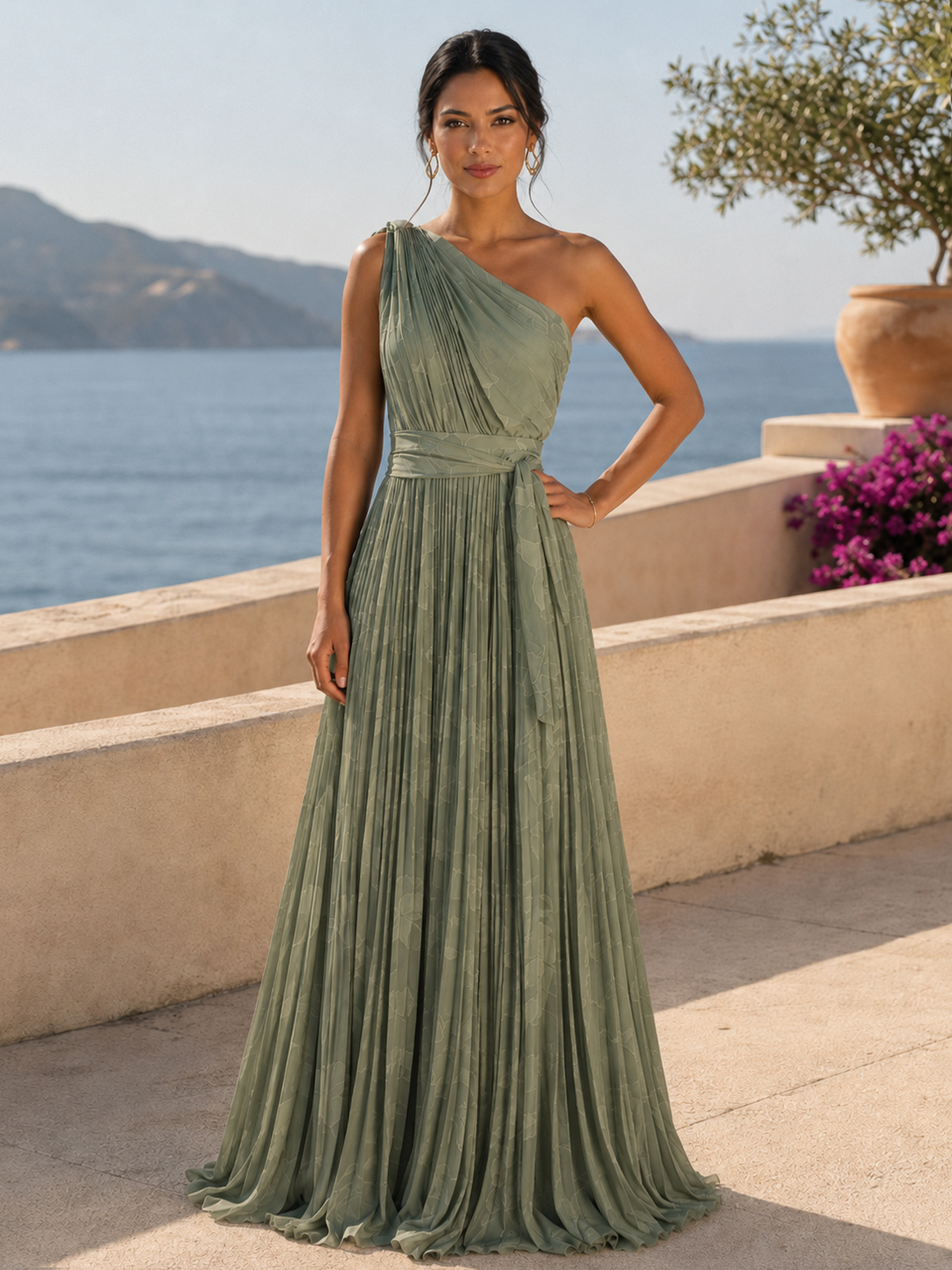 Sage Green One‑Shoulder Sleeveless A‑Line Pleated Chiffon Maxi Evening Gown