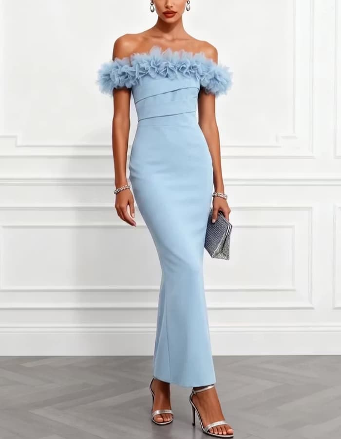 Light Blue Off-the-Shoulder Tulle Ruffle Mermaid Maxi Dress