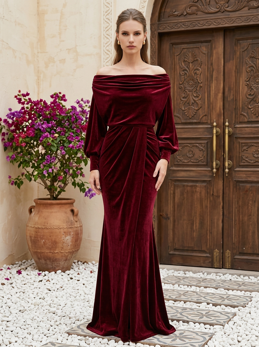 Burgundy Off‑The‑Shoulder Bishop Sleeve Velvet Mermaid Maxi Dress