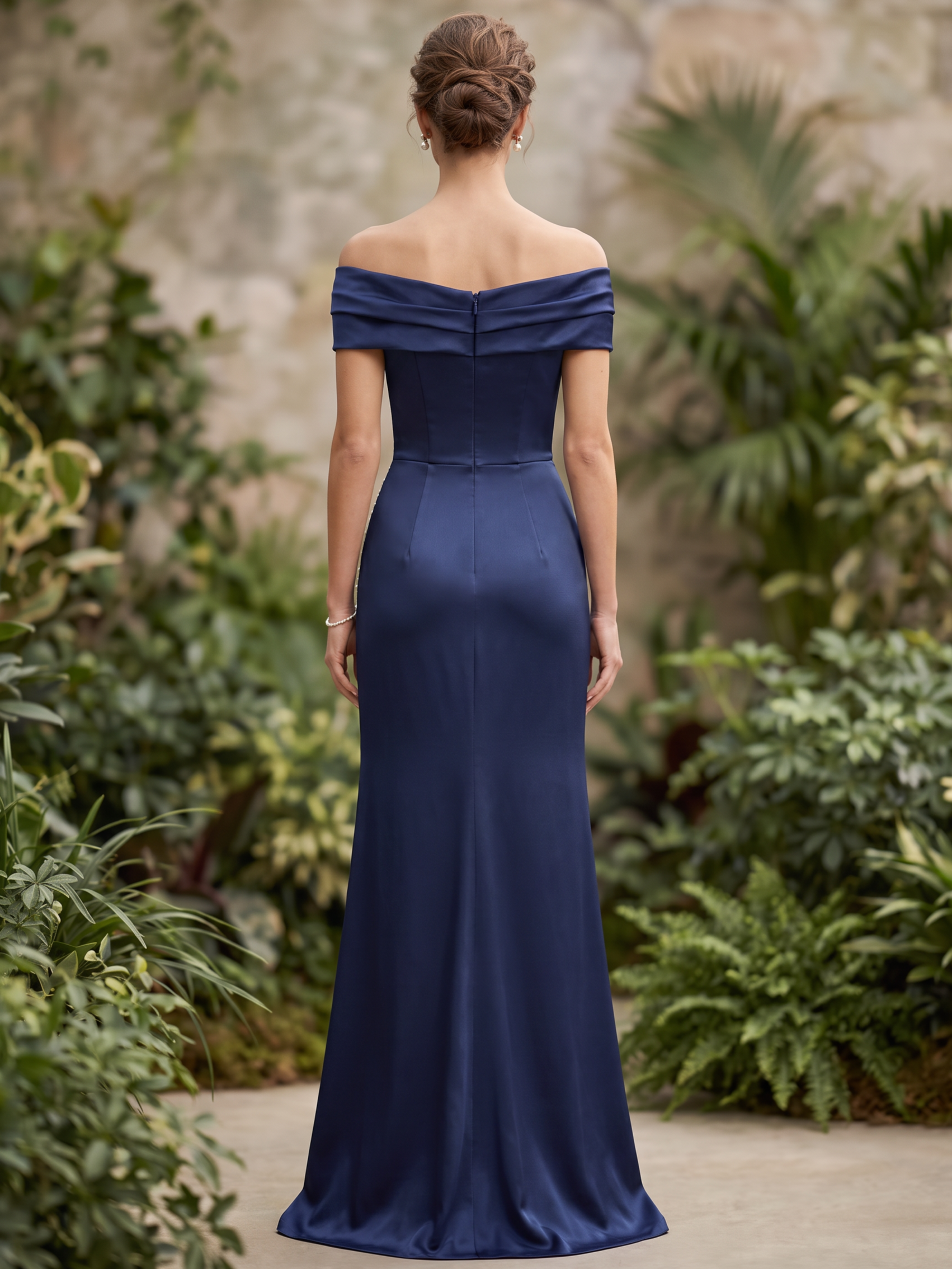 Navy Blue Off Shoulder Pearl Embellished Slit Mermaid Maxi Dress