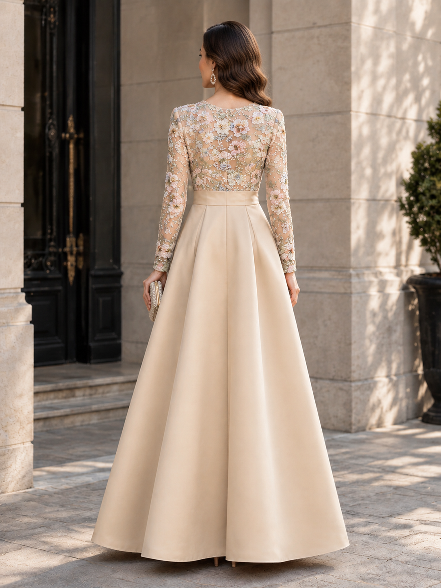 Champagne Long Sleeve Floral Embroidery Sash Bow A-Line Maxi Dress