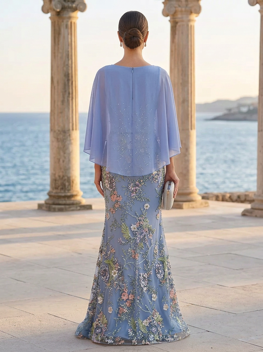 Light Blue Boat Neck Chiffon Cape Overlay Maxi Dress