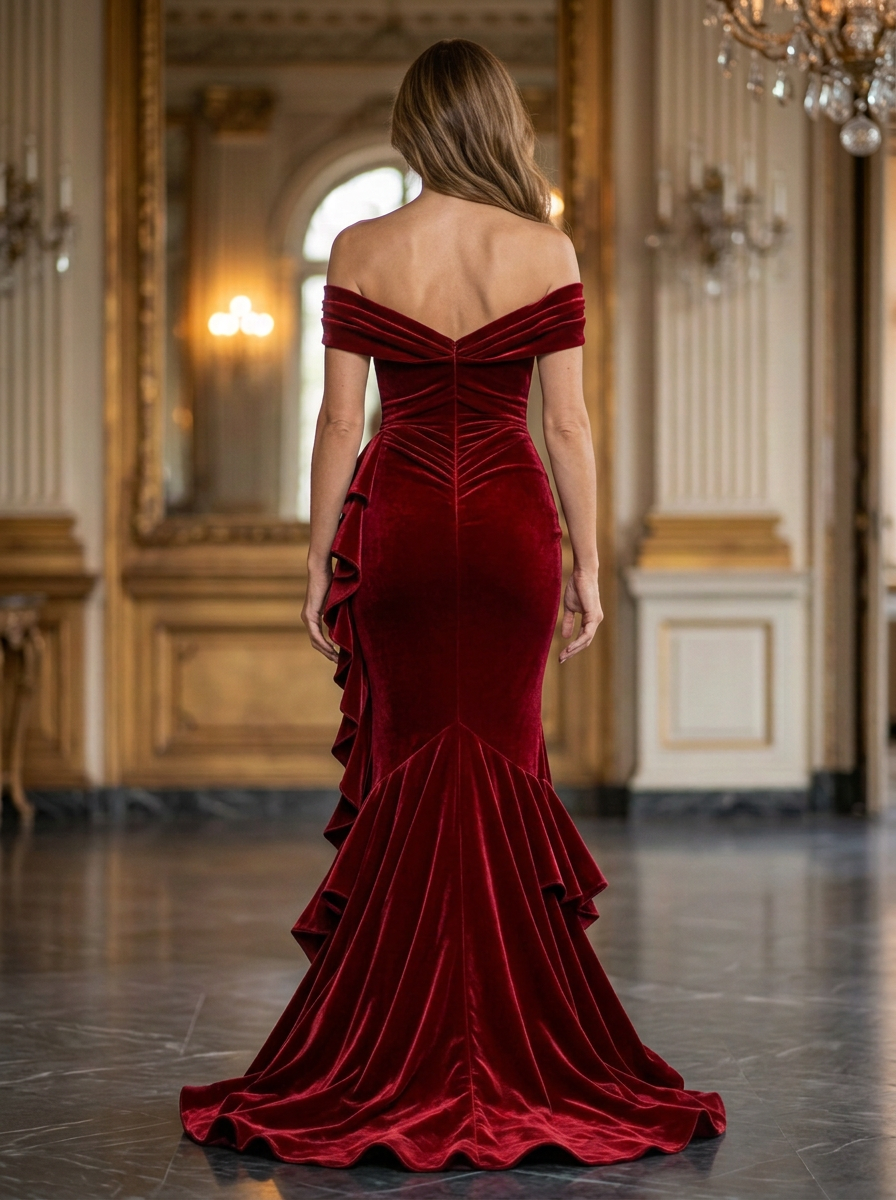 Burgundy Velvet Off Shoulder Ruched Ruffle Mermaid Maxi Dress