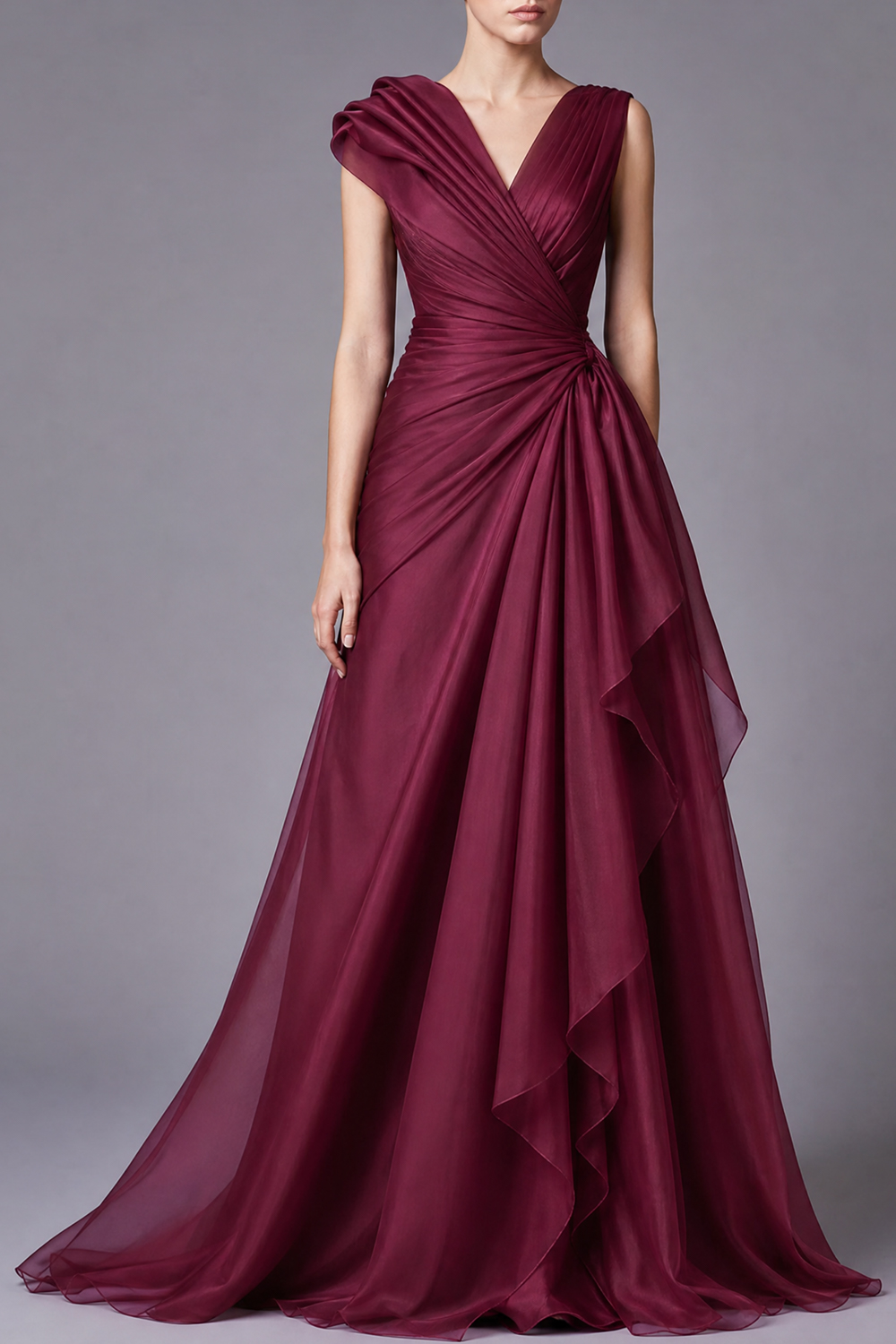 Burgundy V Neck Ruched Ruffled A-Line Maxi Dress