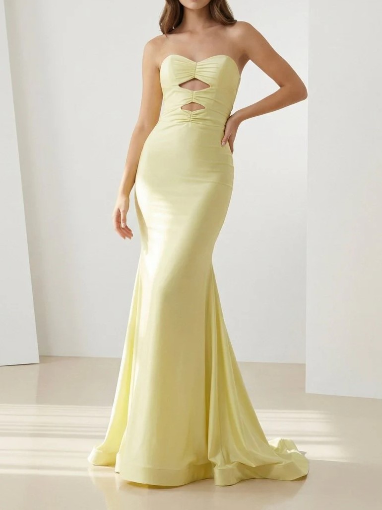 Butter Yellow Strapless Mermaid Evening Gown with Train