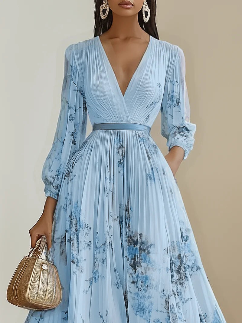 White Pleated Chiffon V Neck Floral Long Sleeve Balloon Sleeve A-Line Maxi Dress