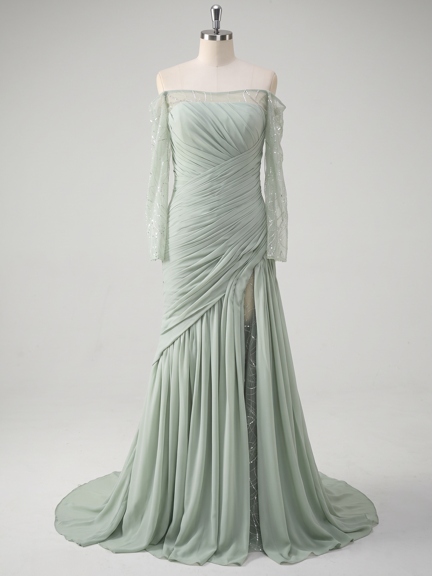 Sage Green Chiffon Off Shoulder Beaded Mesh Long Sleeve High Slit Mermaid Train Evening Gown